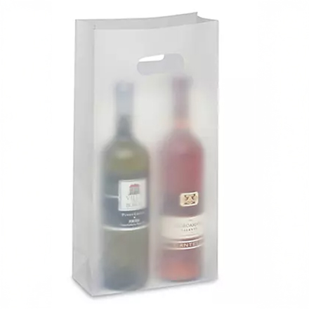 7.75 x 3.5 x 15" double Wine/Merchandise Bag frosted, 3mil Poly with gusseted bottom with handles